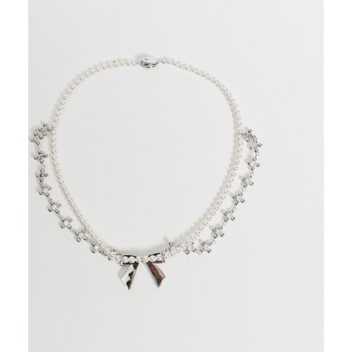 Fashionable double layer necklace pearl bow necklace