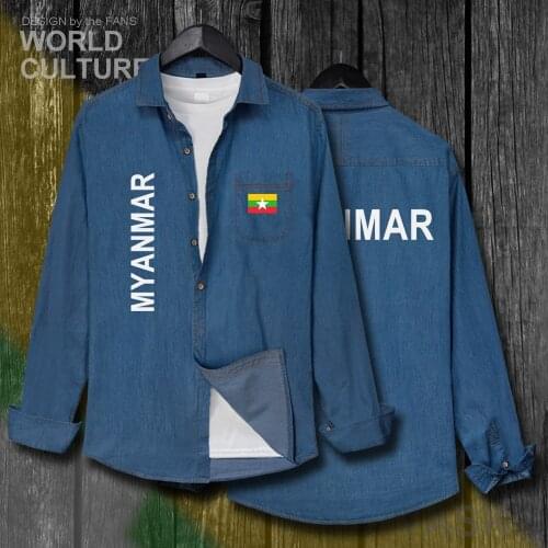 Myanmar Burmese Myanma MMR MM Burma Men Flags Clothes Autumn Cotton Long Sleeve Cowboy Casual Coat Turn-down Collar Jeans Shirt