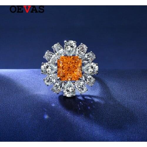 OEVAS 100% 925 Sterling Silver 10*10mm Aquamarine Topaz High Carbon Diamond Flower Rings For Women Sparkling Party Fine Jewelry