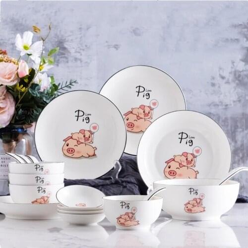 8 Inch Ceramic Plate Round Cartoon Pig Black Line Dinnerware Hotel Bone China Dinner Tray Household Kitchen Supplies Tableware