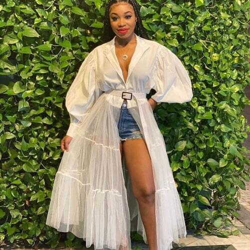 Mesh Patchwork White Shirt Dress Fall Clothes for Women Button-up Lantern Sleeve Long Dress Streetwear Night Club Party Dresses