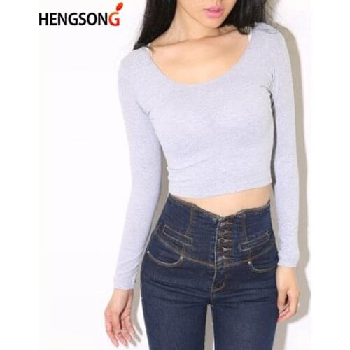 Spring Autumn Long Sleeve T Shirt Women Top Casual Female T-shirts Scoop Neck Crop Tops Tights Slim Short T Shirts Black White