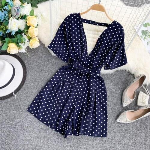 Boho Deep V Neck Vintage Polka Dot Sexy Summer Bandage Short Jumpsuit Casual Backless Women Playsuit Beach Holiday Tie Romper