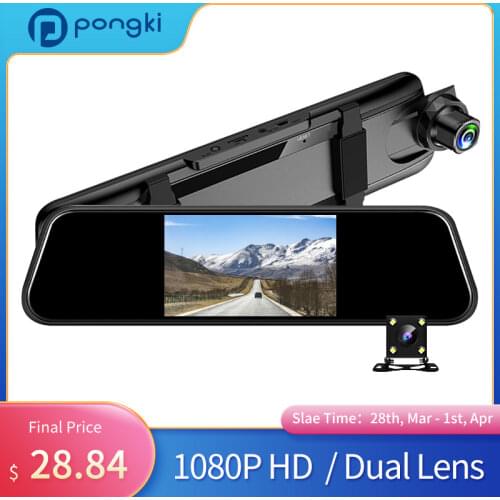 Pongki V10 1080P HD Wide-Angle Dual Lens Dash Cam Rearview Mirror HD Night Vision Car Camera Recorder 24H Parking Monitoring