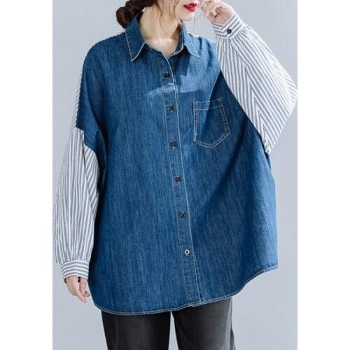 Oversized Women Denim Long Shirts New 2021 Autumn Simple Style Patchwork Striped Loose Female Casual Outerwear Tops B1044