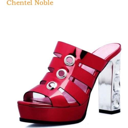 2019 Handmade Thick With Metal Ring Solid Color Shoes Women Crystal Heel High Heel Slip-On Three Style Sandals Ladies Summer