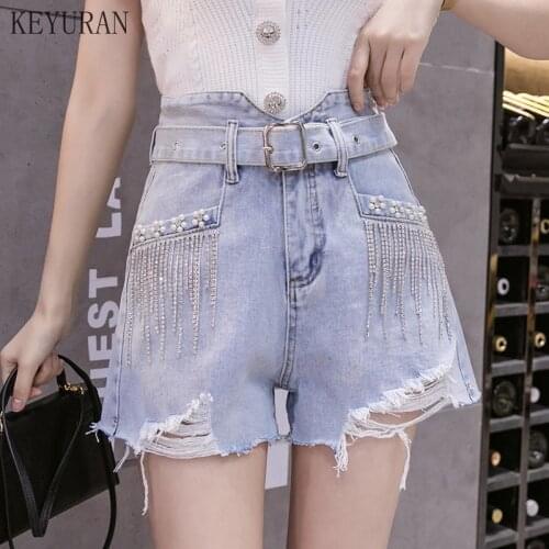Summer Fashionable Heavy Industry Beaded Fringed Burr Chain Hole High Waist Denim Shorts For Women 2021 New Womens Tassel Jeans