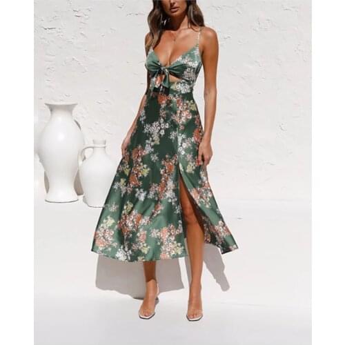 Women Summer Print Long Dress Sexy Spaghetti Strap v-neck Split bow sexy dress sleeveless beach mid calf hollow out dress