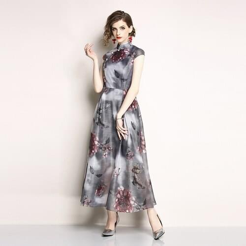 2019 Summer Dress Women Retro elegant modified cheongsam big swing organza super fairy retro Evening Party Vintage print dress