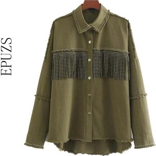 Winter coats and jackets women beading tassel black denim jacket long sleeve overcoat outwear oversized jeans jackets coats