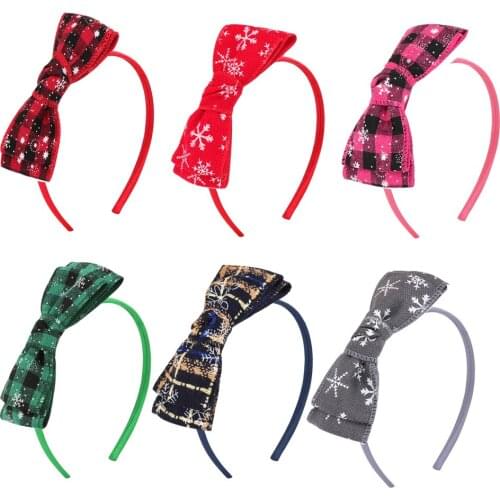 1PCS Christmas Headband Plaid Red Green Snowflake Print Bow Hairhoop Kid Headwear Christmas Party Decorations Prop
