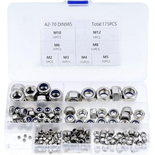 175PCS/Box Nylon Lock Nut 304 Stainless Steel M2 M3 M4 M5 M6 M8 M10 M12 Hex Hexagon Self Locking Nut Assortment Kit