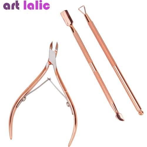 3 Pcs/Set Nail Tools Dead Skin Pushers Romover Rose Gold Cuticle Nippers Scissors Stainless Steel Nail Art Manicure Accessory