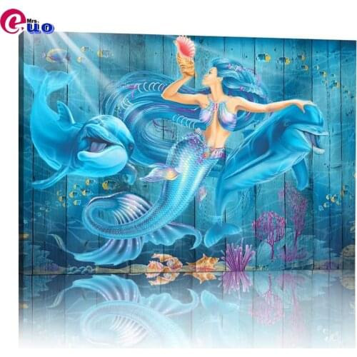 Mermaid Dolphin Blue background Diamond Embroidery Cross Stitch Full Square Round Diamond Painting Home Decoration