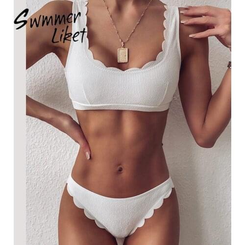 Ruffle bikini Bandeau swimsuit female Vintage swimwear Ribbed two piece suit bathing suit beach wear biquini women bathers new