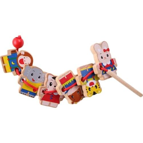 Wooden Toys Diy Toy Cartoon Animal Threading Wooden Beads Toy Montessori Educational For Kids