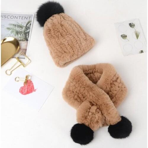 Childrens autumn winter thicken warm thermal natural fur knitted ball hat kids genuine fur scarf 2 pieces set TB311