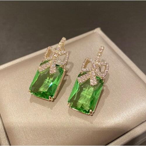 Elegant Gold Color Bow Big Green Cubic Zircon Earrings Healing Crystal Gems Niche Fresh Temperament Jewelry