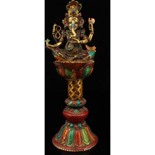 12"Nepal temple collection Old Bronze outline in gold mosaic Gem Elephant Trunk God of Wealth Butter lamp Wax table Town House