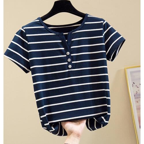 Striped Short Sleeve Woman Tshirts 2021 Summer Cotton T-Shirt Female V-Neck Plus Size Shirts Ladies Tops Button Tshirt Clothes