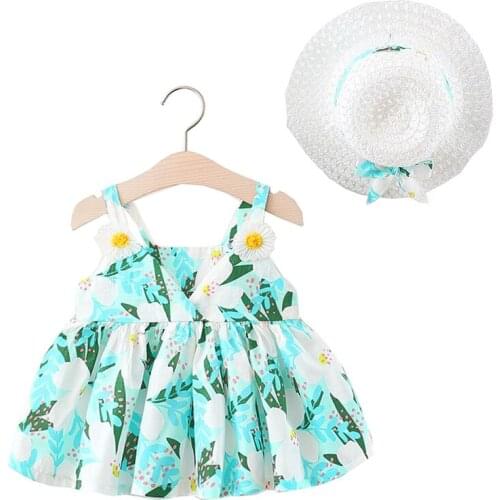 Summer Baby Girls Dress With Hat Cotton Floral Casual Toddler Outfits Children Kids Clothes