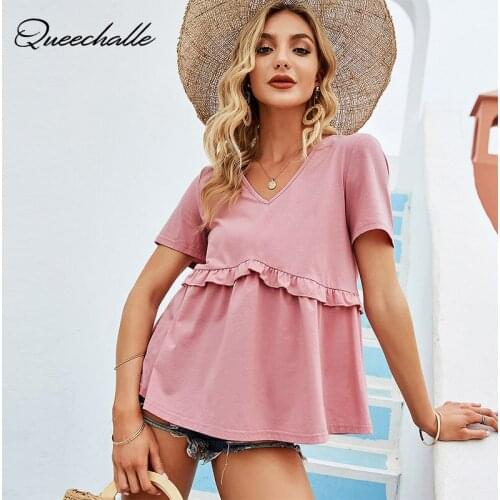 Summer Ruffles A-line T Shirt Women Casual V Neck Short Sleeve Pullover Top Female Pink Loose Tee Shirt For Woman 2021 New