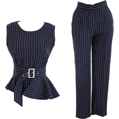 Fashion women elegant work style new arrival temperament sleeveless basic t-shirt and slim pant trend striped 2 pieces women set
