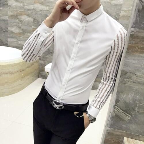 Mens high-end brand fashion business casual solid color hollow long-sleeved shirts mens slim personality nightclub dress shirts
