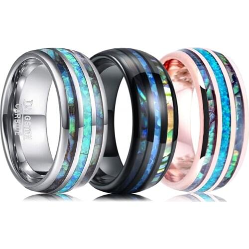 Mens 8MM Abalone Shell & Blue Opal Inlay Rings Silver/Black/Rose gold 3 Color Stainless Steel Ring Anniversary Jewelry Gift