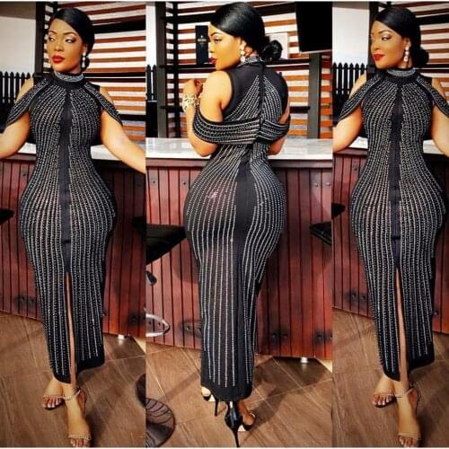 New High-Quality 2020 Womens Clothing Wholesale Black White Crystal Long Medium Long Dress Banquet Club Dress