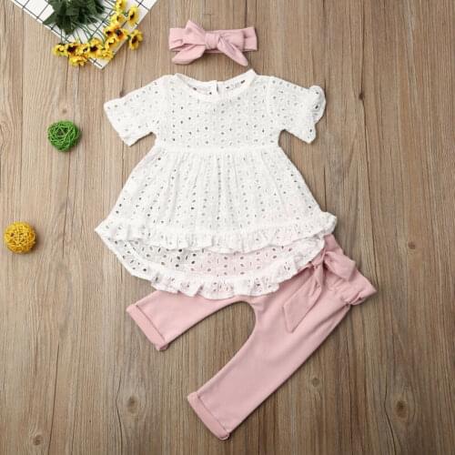 Newborn Baby Girl Clothes Solid Color Lace Flower Ruffle Tops Long Pants Headband 3Pcs Outfits Cotton Casual Clothes