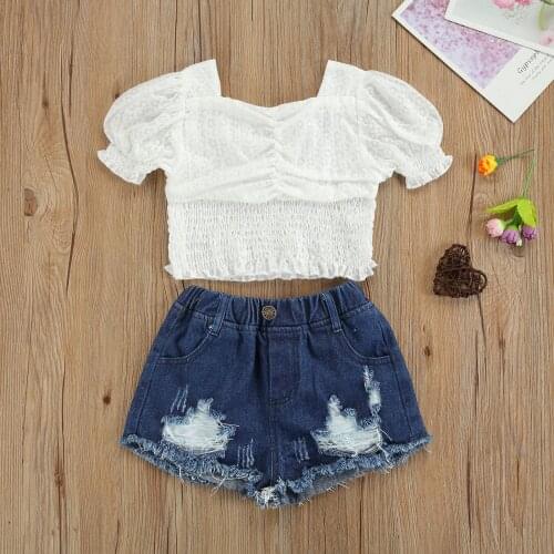 2-7 Years Fashion Girls Clothes Solid Color Set Puff Sleeve Square Collar Stretchy Tops + Ripped Short Jeans with Button 2PCS