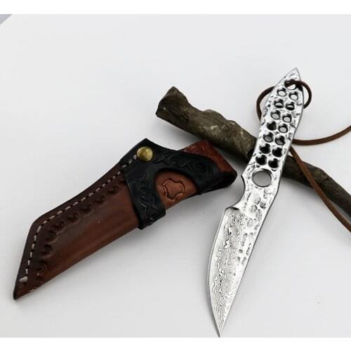 Dropship Hole Handle Survival KnifeTools High Hardness Damascus Steel Fixed Blade Straight Knife Outdoor Portable Hunting Knife