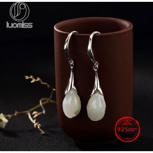Natural Xinjiang Hetian Magnolia Flower Earrings S925 Silver Accessories for Women Jewelry