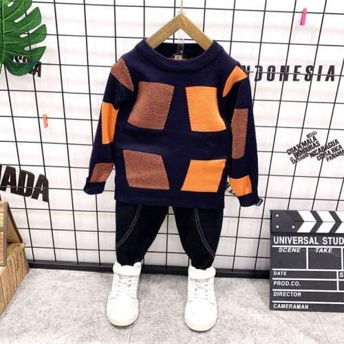 Spring autumn baby Sweater Boy winter clothes Sports Suit Children Clothing sets Kid knitted sweater +jeans 2psc boys suit