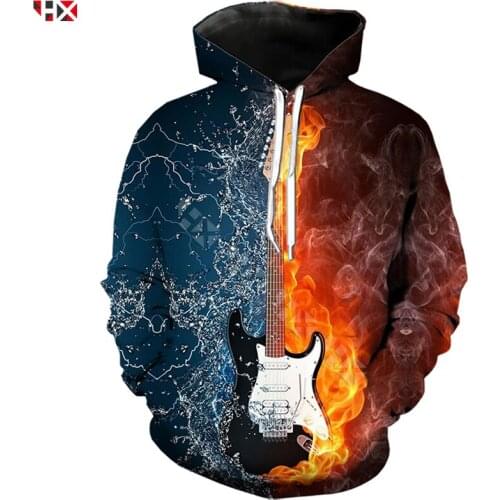 Bass Guitar 3D Print Men Women Ice and Flame Sweatshirt Rock Band Hoodies Harajuku Streetwear Tops X447