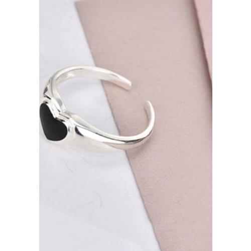 Korean Trendy Fashion Black Face Heart Ring For Women Girls Vintage Silver Color Open Adjustable Rings Finger Jewelry Bague
