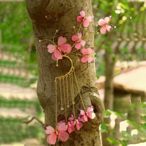 XinHuaEase Fairy Butterfly Earrings Antique Clip Temperament No Ear Holes Pink Eardrop Chinese Style Hanfu Accessories Dangler