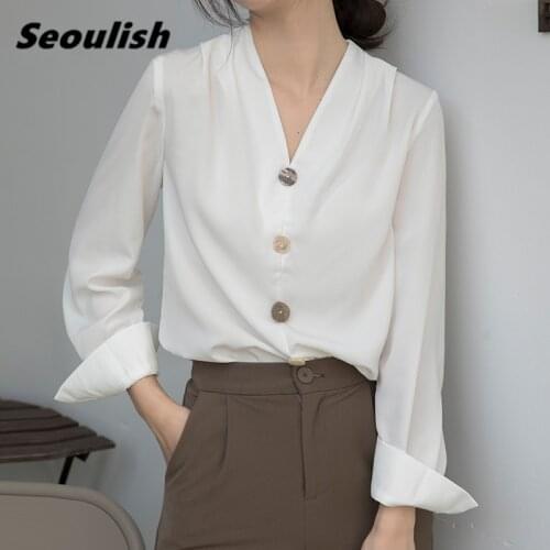 Seoulish New 2021 Spring Autumn White Formal Womens Blouse Long Sleeve Button Office Lady Shirts Elegant Female Loose Blouse