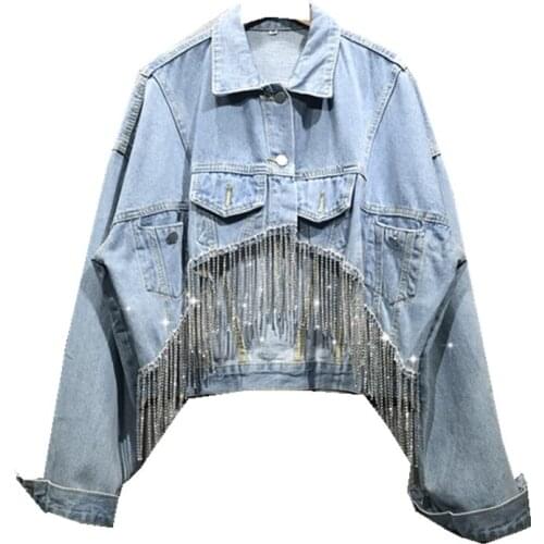 2020 New Spring Summer Turn-down Collar Denim Jacket Women Long Sleeve Rockets Crystal Tassel Loose Slim Short Denim coat Female