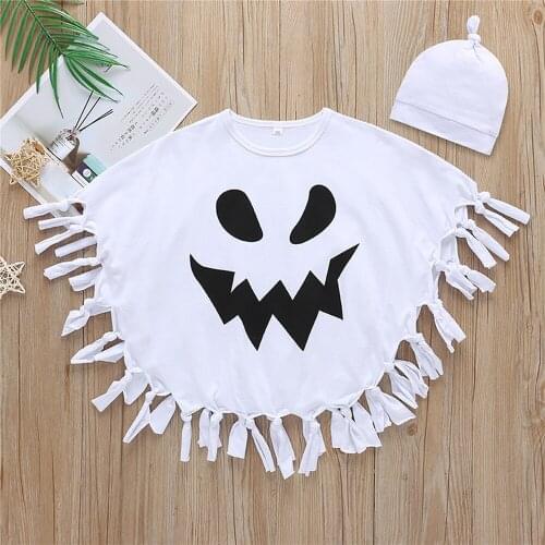2-6 Years Baby Girls Boys Halloween Cloak + Hat Kids Cartoon Ghost Cosplay Costume Cloak White Printing Tassel Bat Style Cape