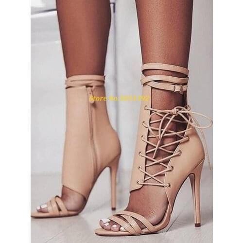 Women Gladiator Boots Ankle Strap Lace Up Cut Out Stiletto Shoes Open Toe Apricot Zipper Short Booties Designer Summer Boots