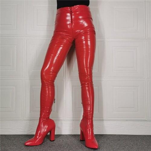 Botas De Mujer Overknee Stiletto Leather Ladies Thigh High Crotch Pants Boots Sexy Jumpsuit Cosplay High Heel Runway Shoe Woman