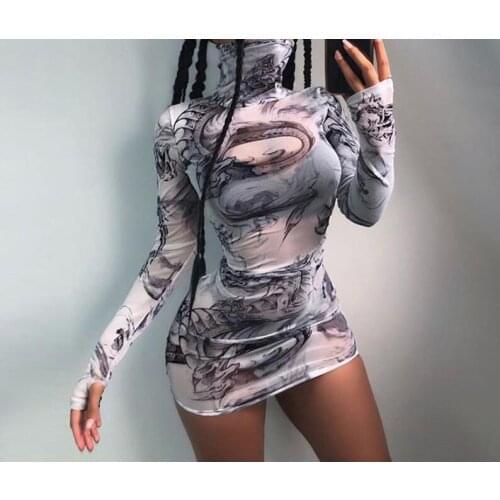 Net red perspective net yarn graffiti dress womens spring autumn high collar slim bandage short dress cool party dress Shipping