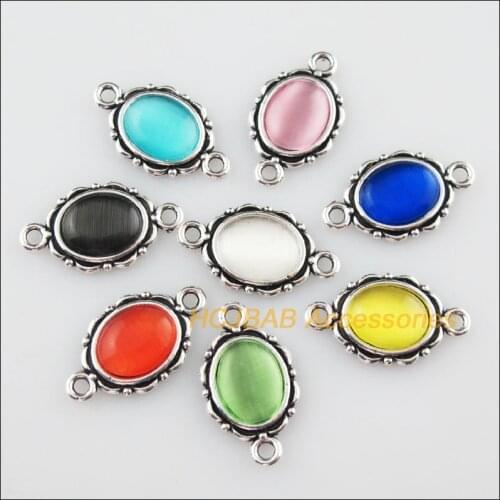 16 Oval Cat Eye Stone Connectors Mixed Charms Tibetan Silver Tone Pendants 12x21mm