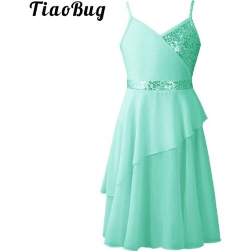 Girls Chiffon Sequins Ballet Dance Gymnastics Dress Kids Lyrical Dress Irregular Leotard Skirt White