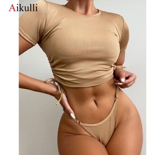 2021 Ribbed Bikinis Swimwear Women Short Sleeve Swimsuit Sexy Drawstring Two-piece Bikini Set Push Up Bathing Suit Sport biquini