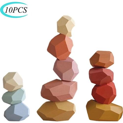 Kids Wooden Colored Stone Building Block Educational Toy Creative Nordic Style Stacking Game Rainbow Wooden Toy Gift