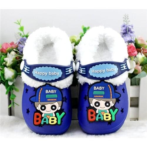 Winter Kids Clogs Warm Fur Childrens Indoor Shoes Home Hole Mules Navy Cute Pins Sandal EVA Flat Kid Shoes