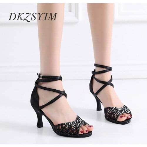 DKZSYIM Black Latin Dance Shoes Women Ballroom Rhinestone Tango/Salsa Dancing Shoes High Heels 5-10CM Casule Dance Shoes Soft